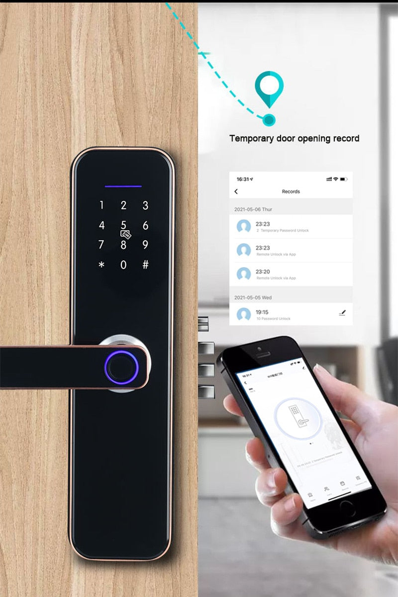 Tuya Wifi Electronic Smart Door Lock With Biometric Fingerprint / Smart Card / Password / Key Unlock/ USB Emergency Charge