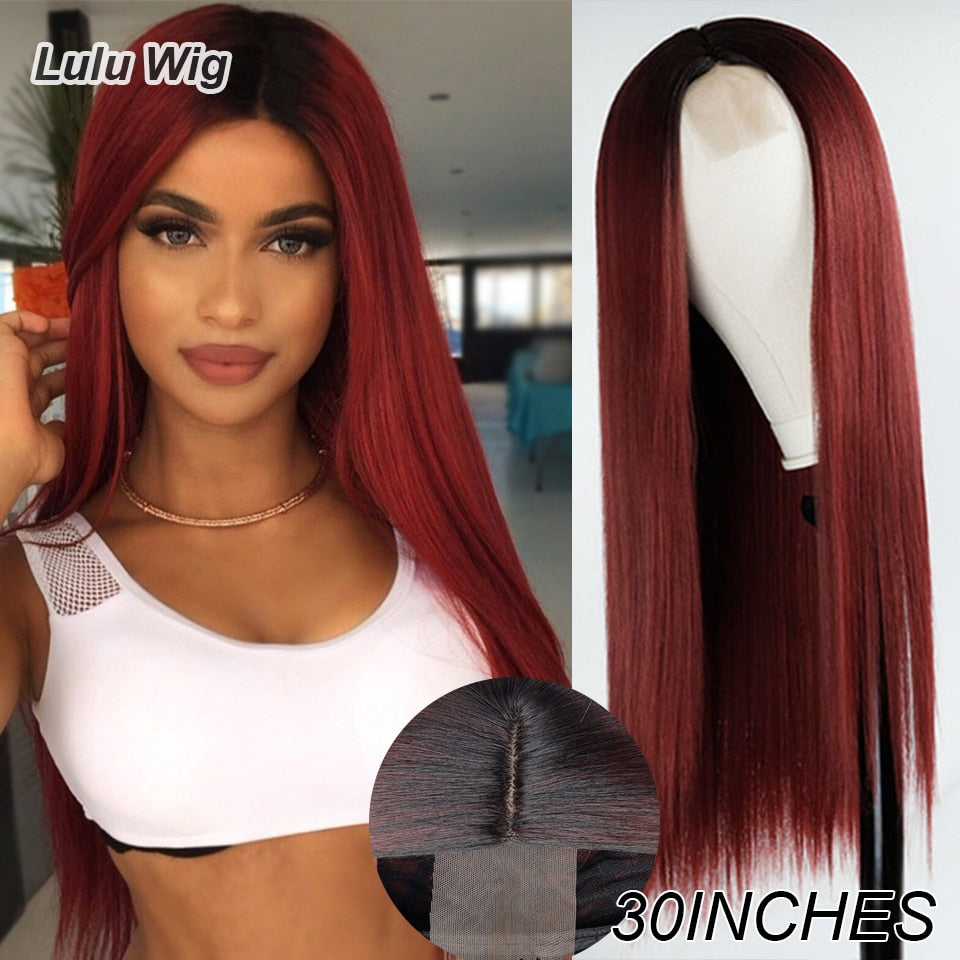 Long Straight Wine Red Wig With Bang Synthetic Wigs for Women Heat Resistant Natural Hair for Daily Halloween Cosplay Party