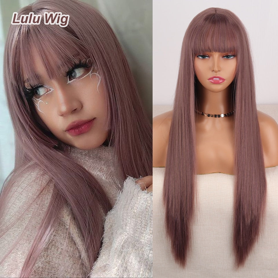 Long Straight Wine Red Wig With Bang Synthetic Wigs for Women Heat Resistant Natural Hair for Daily Halloween Cosplay Party