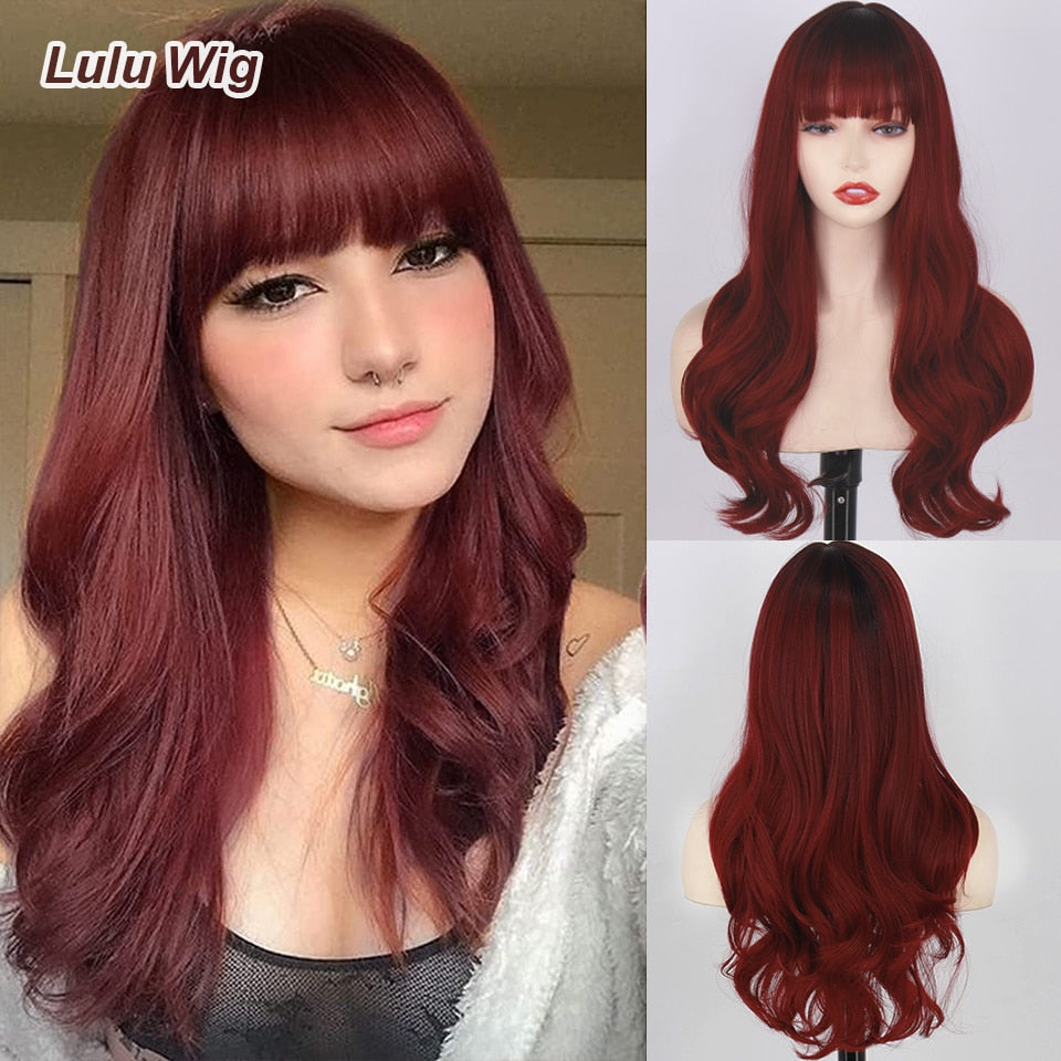 Long Straight Wine Red Wig With Bang Synthetic Wigs for Women Heat Resistant Natural Hair for Daily Halloween Cosplay Party