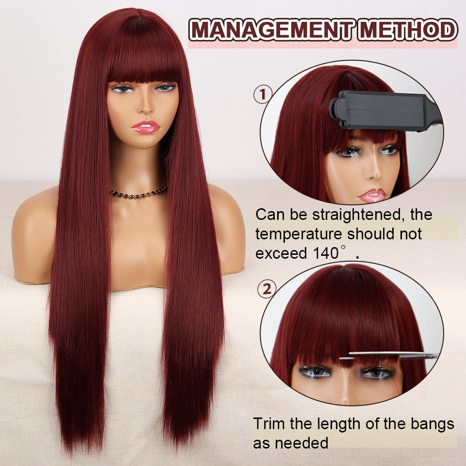 Long Straight Wine Red Wig With Bang Synthetic Wigs for Women Heat Resistant Natural Hair for Daily Halloween Cosplay Party