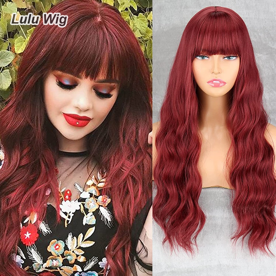 Long Straight Wine Red Wig With Bang Synthetic Wigs for Women Heat Resistant Natural Hair for Daily Halloween Cosplay Party