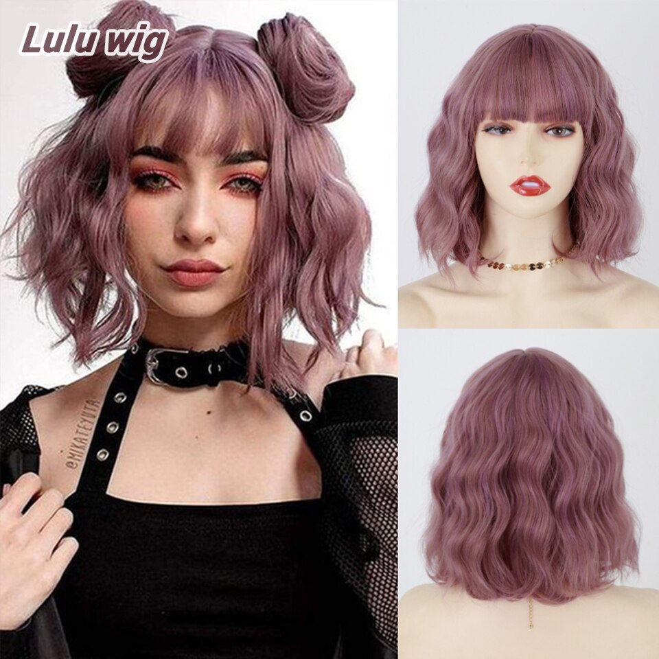 Short Bob Synthetic Wigs for Women Short Wavy Wigs with Bangs Wavy Bob Wig Wine Red Wig Heat Resistant Fiber Cosplay hair