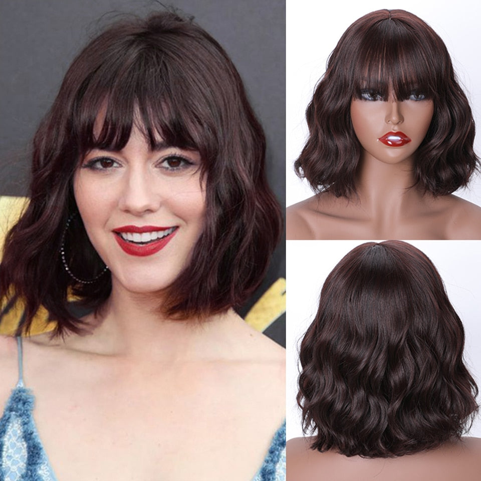 Short Bob Synthetic Wigs for Women Short Wavy Wigs with Bangs Wavy Bob Wig Wine Red Wig Heat Resistant Fiber Cosplay hair