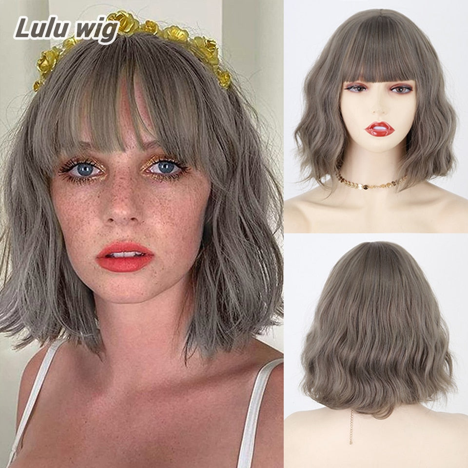 Short Bob Synthetic Wigs for Women Short Wavy Wigs with Bangs Wavy Bob Wig Wine Red Wig Heat Resistant Fiber Cosplay hair