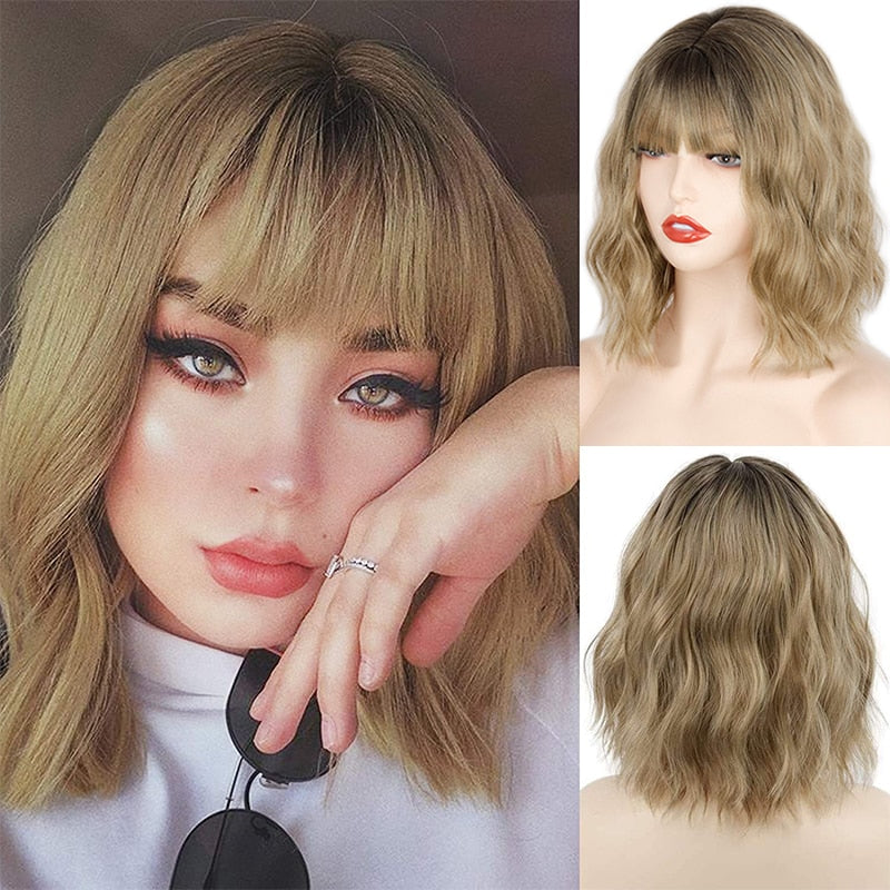 Short Bob Synthetic Wigs for Women Short Wavy Wigs with Bangs Wavy Bob Wig Wine Red Wig Heat Resistant Fiber Cosplay hair