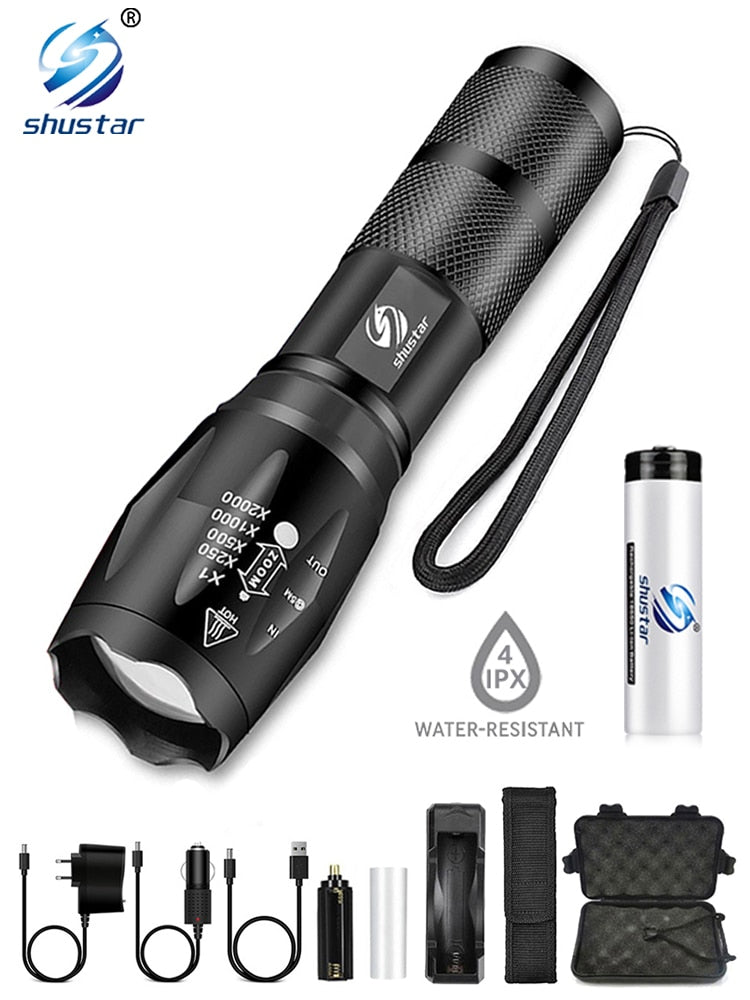 Shustar Led flashlight Ultra Bright torch L2/V6 Camping light 5 switch Mode waterproof Zoomable Bicycle Light  use 18650 battery