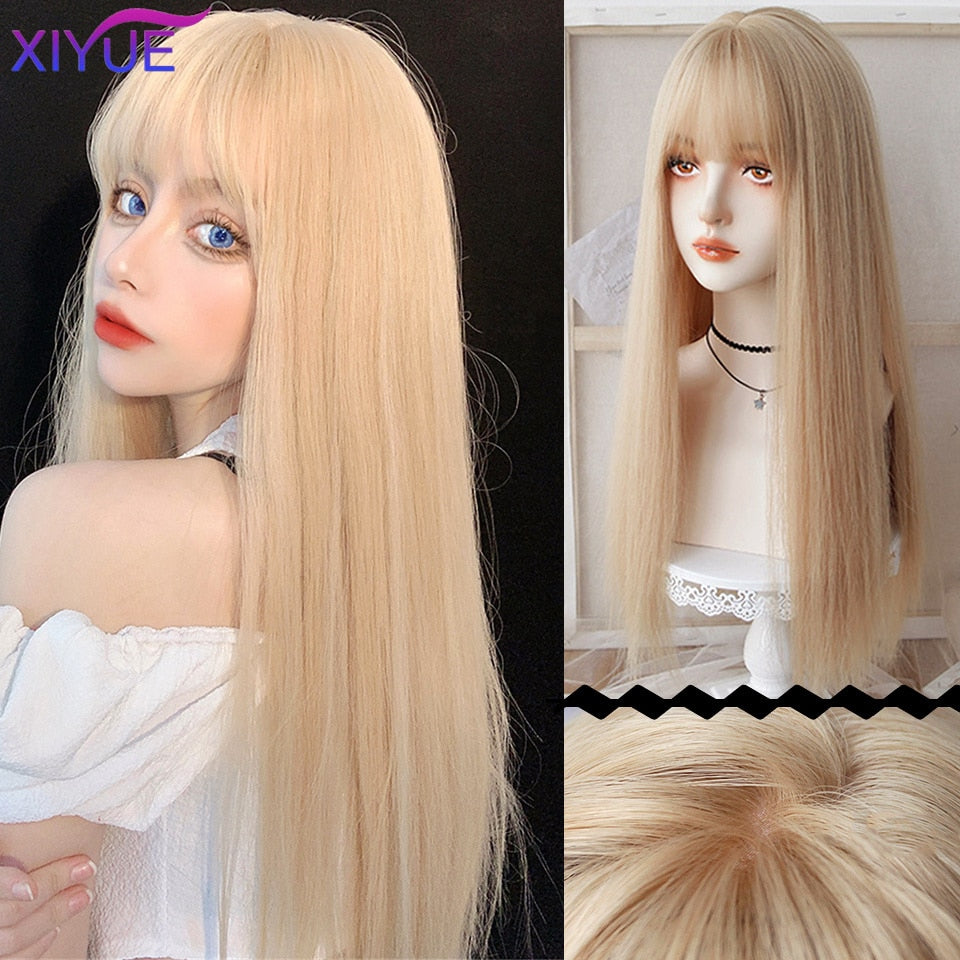 XIYUE Long Natural Wavy Platinum Blonde Wigs With Bangs Cosplay Party Lolita Synthetic Wigs for Women Heat Resistant Fiber