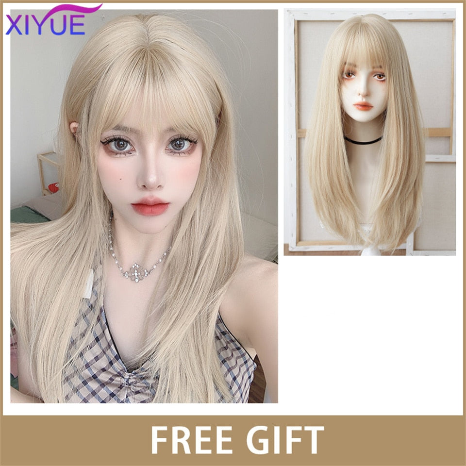 XIYUE Long Natural Wavy Platinum Blonde Wigs With Bangs Cosplay Party Lolita Synthetic Wigs for Women Heat Resistant Fiber