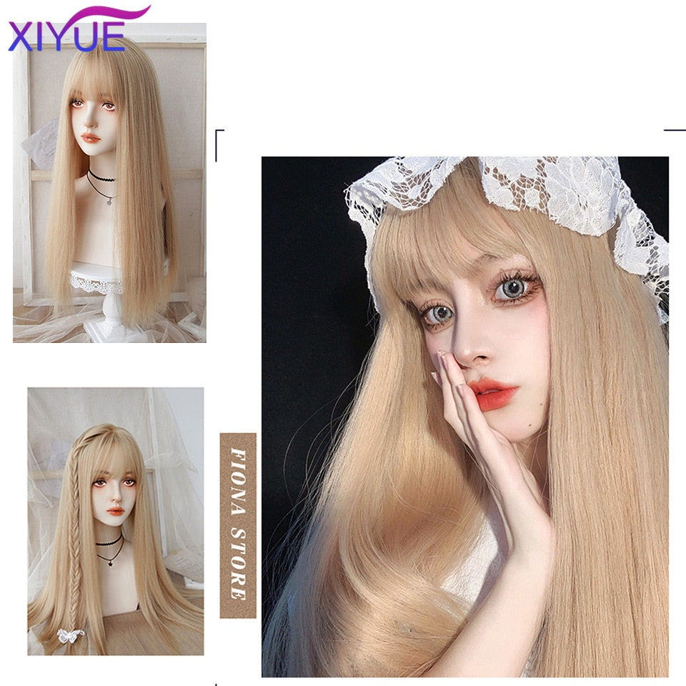 XIYUE Long Natural Wavy Platinum Blonde Wigs With Bangs Cosplay Party Lolita Synthetic Wigs for Women Heat Resistant Fiber