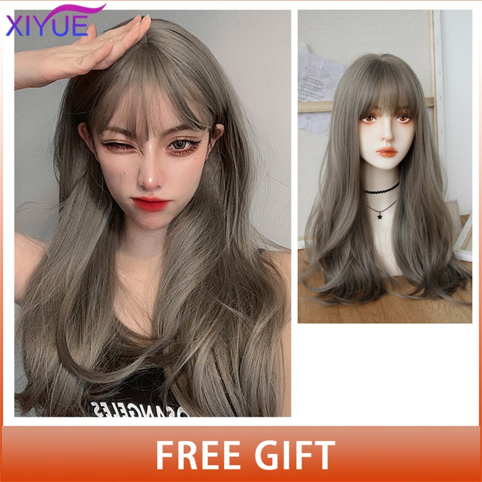 XIYUE Long Natural Wavy Platinum Blonde Wigs With Bangs Cosplay Party Lolita Synthetic Wigs for Women Heat Resistant Fiber