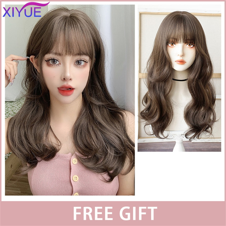 XIYUE Long Natural Wavy Platinum Blonde Wigs With Bangs Cosplay Party Lolita Synthetic Wigs for Women Heat Resistant Fiber