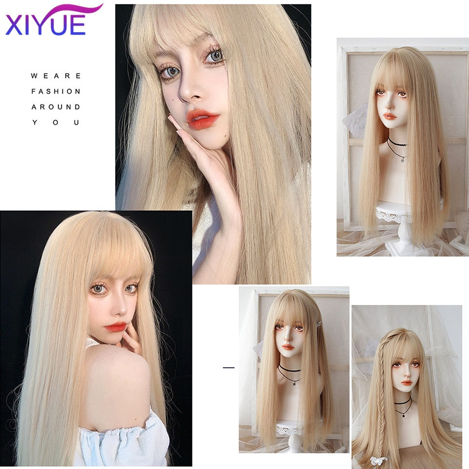 XIYUE Long Natural Wavy Platinum Blonde Wigs With Bangs Cosplay Party Lolita Synthetic Wigs for Women Heat Resistant Fiber