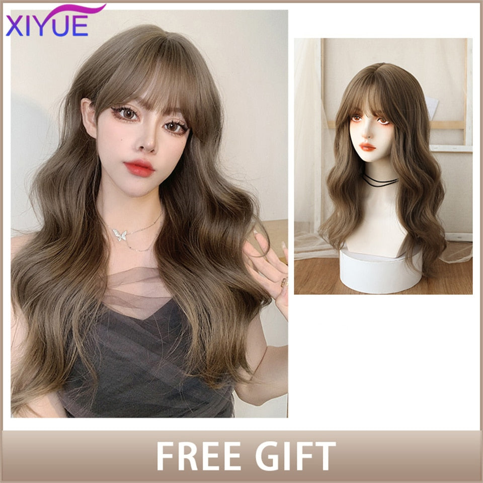 XIYUE Long Natural Wavy Platinum Blonde Wigs With Bangs Cosplay Party Lolita Synthetic Wigs for Women Heat Resistant Fiber