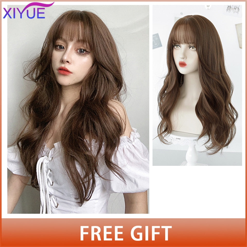 XIYUE Long Natural Wavy Platinum Blonde Wigs With Bangs Cosplay Party Lolita Synthetic Wigs for Women Heat Resistant Fiber