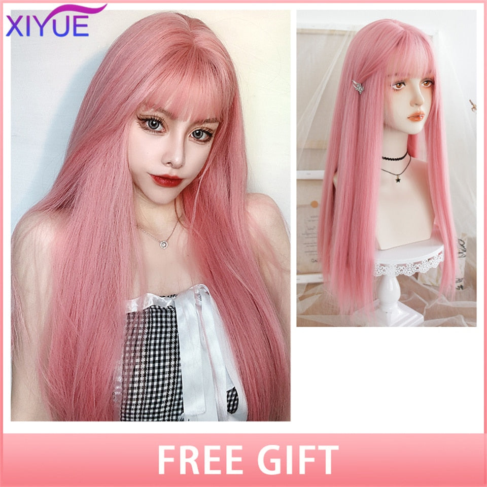 XIYUE Long Natural Wavy Platinum Blonde Wigs With Bangs Cosplay Party Lolita Synthetic Wigs for Women Heat Resistant Fiber