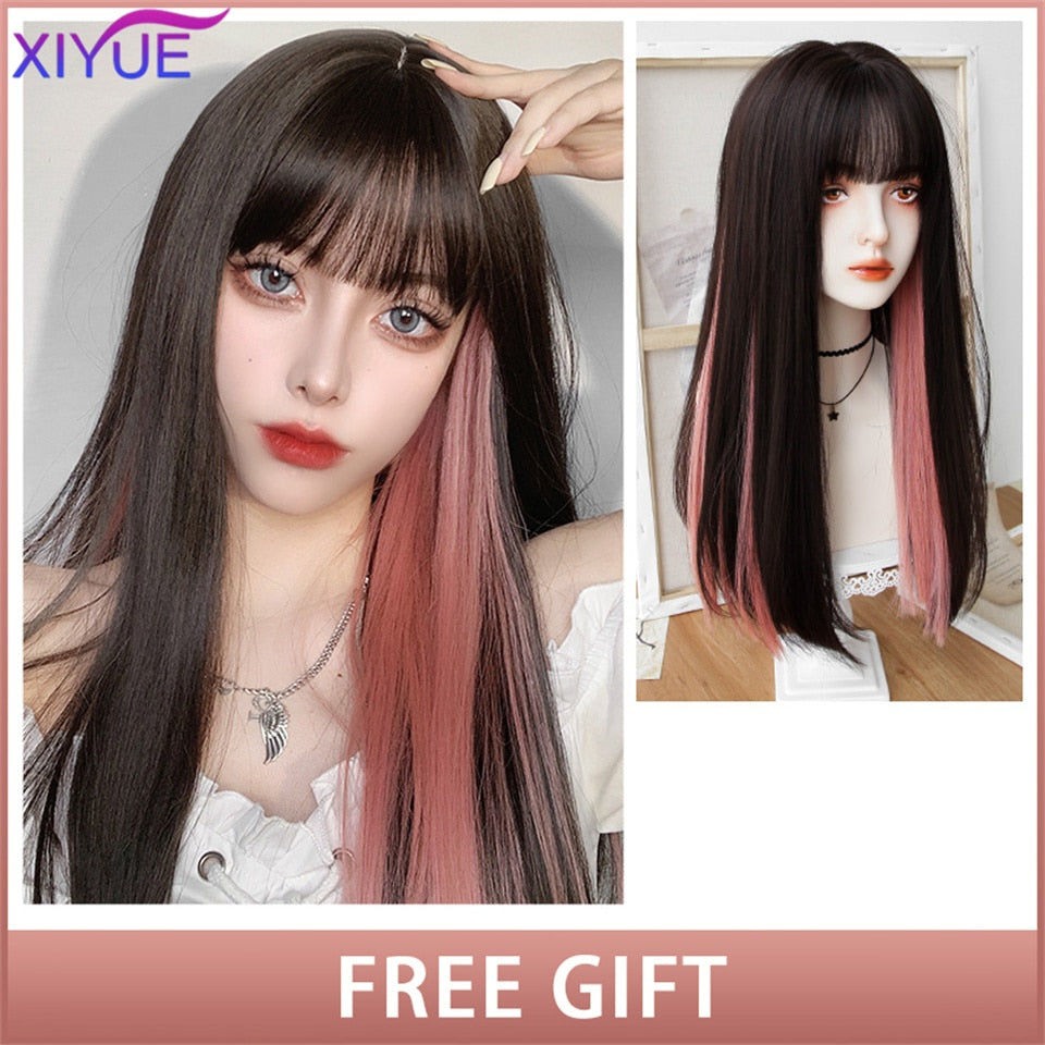 XIYUE Long Natural Wavy Platinum Blonde Wigs With Bangs Cosplay Party Lolita Synthetic Wigs for Women Heat Resistant Fiber