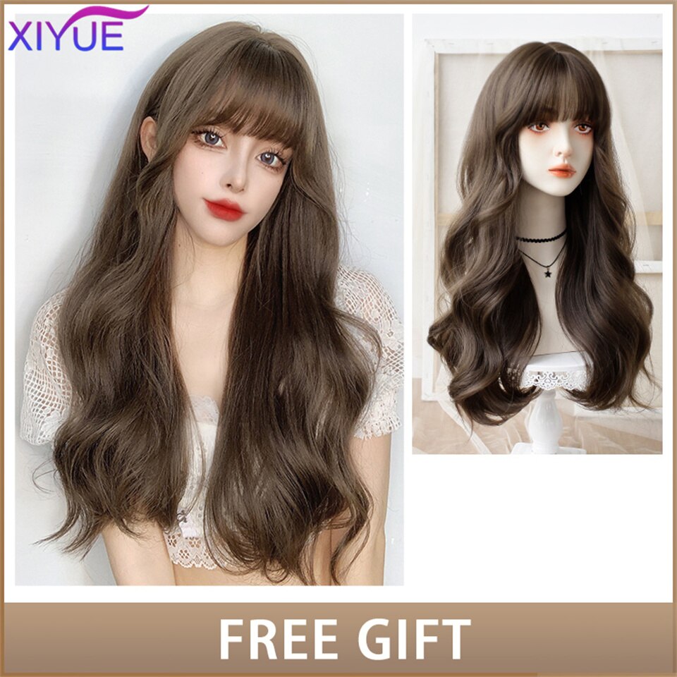 XIYUE Long Natural Wavy Platinum Blonde Wigs With Bangs Cosplay Party Lolita Synthetic Wigs for Women Heat Resistant Fiber