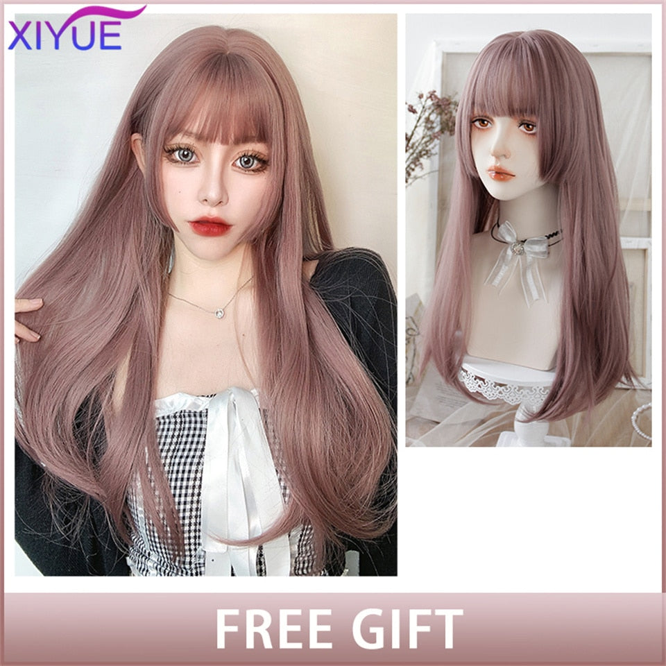 XIYUE Long Natural Wavy Platinum Blonde Wigs With Bangs Cosplay Party Lolita Synthetic Wigs for Women Heat Resistant Fiber