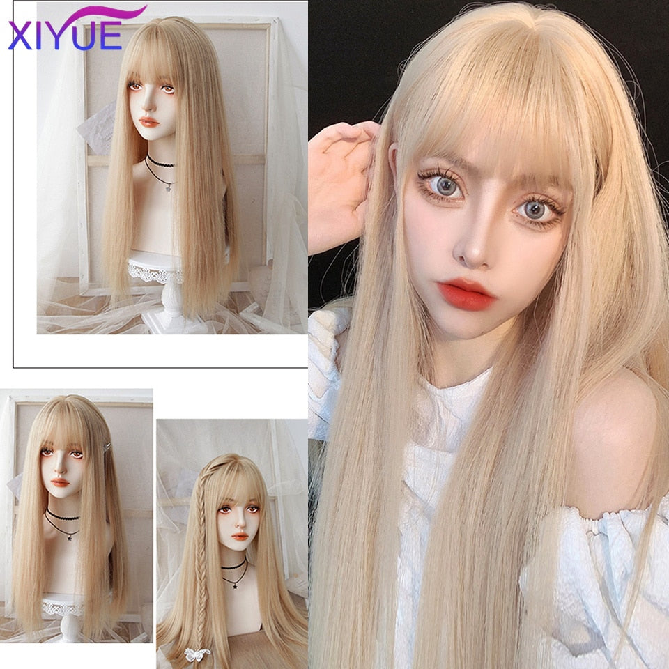 XIYUE Long Natural Wavy Platinum Blonde Wigs With Bangs Cosplay Party Lolita Synthetic Wigs for Women Heat Resistant Fiber