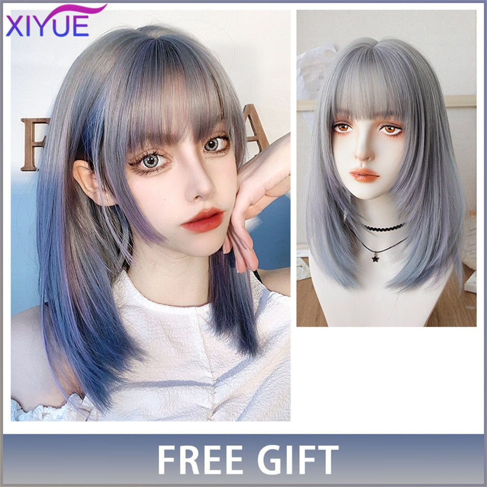 XIYUE Long Natural Wavy Platinum Blonde Wigs With Bangs Cosplay Party Lolita Synthetic Wigs for Women Heat Resistant Fiber