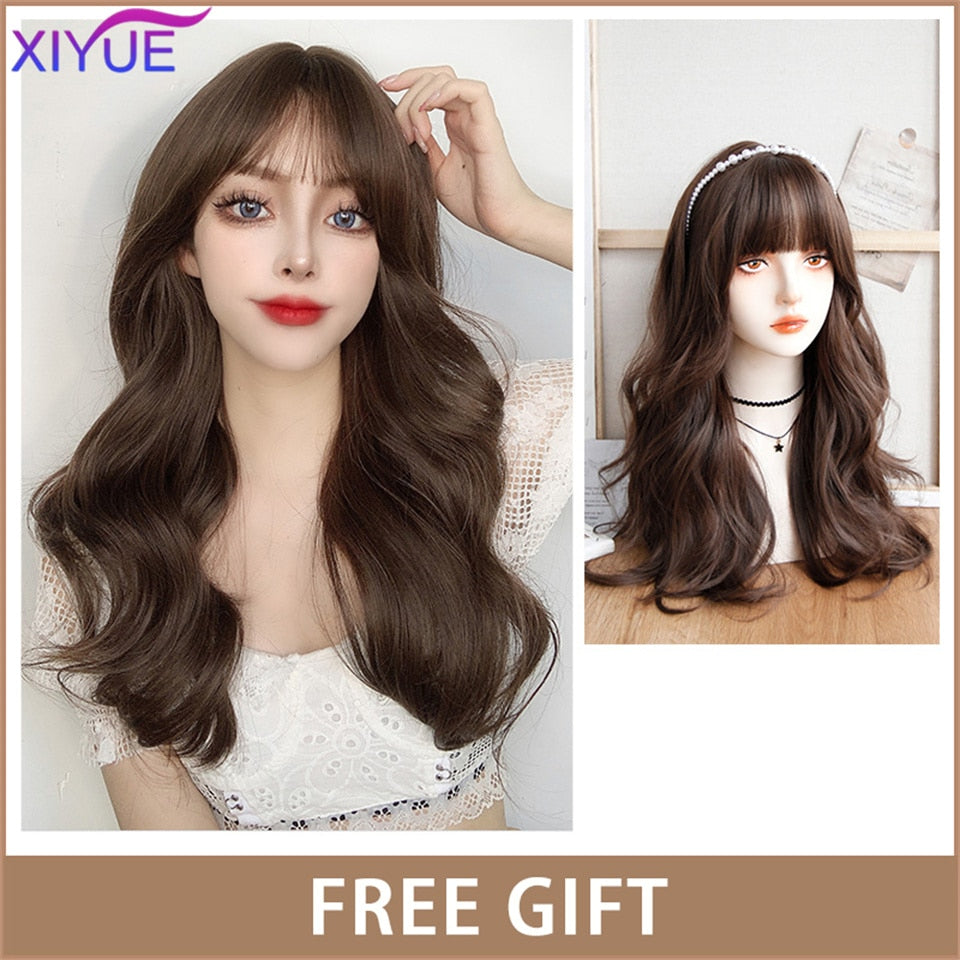 XIYUE Long Natural Wavy Platinum Blonde Wigs With Bangs Cosplay Party Lolita Synthetic Wigs for Women Heat Resistant Fiber