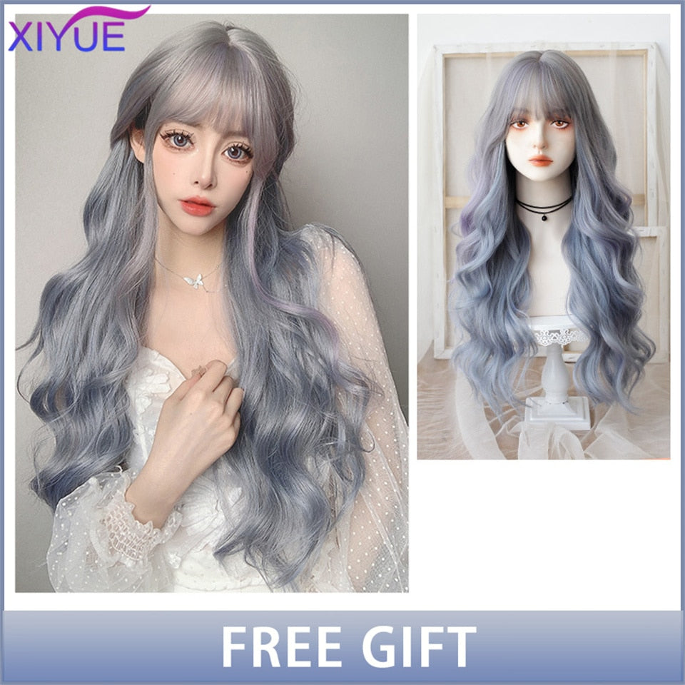 XIYUE Long Natural Wavy Platinum Blonde Wigs With Bangs Cosplay Party Lolita Synthetic Wigs for Women Heat Resistant Fiber