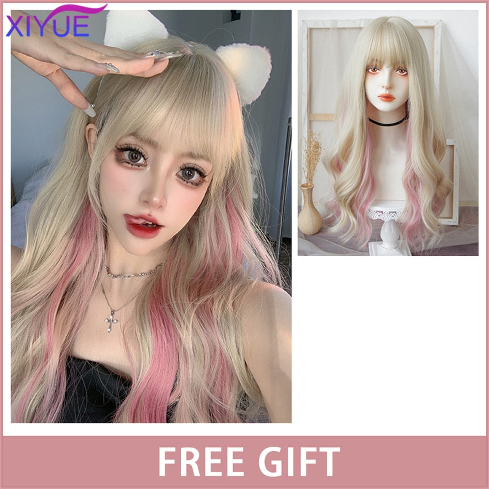 XIYUE Long Natural Wavy Platinum Blonde Wigs With Bangs Cosplay Party Lolita Synthetic Wigs for Women Heat Resistant Fiber