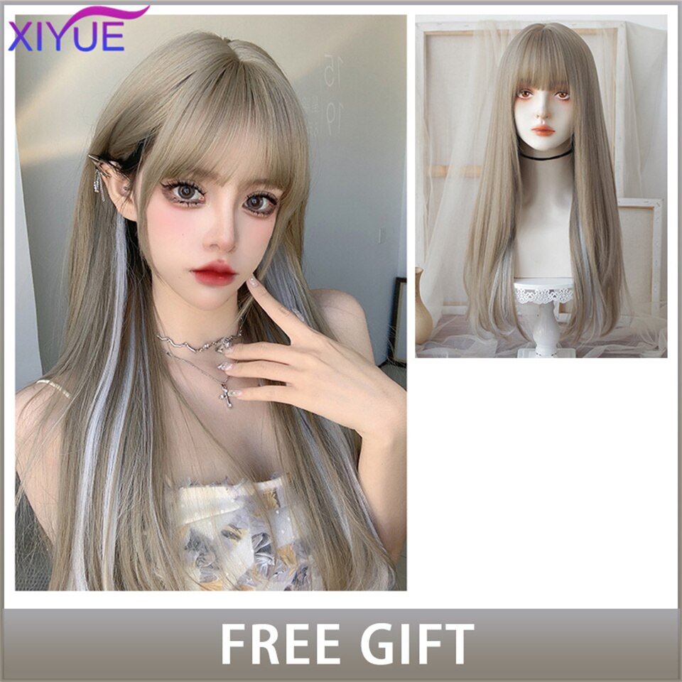 XIYUE Long Natural Wavy Platinum Blonde Wigs With Bangs Cosplay Party Lolita Synthetic Wigs for Women Heat Resistant Fiber