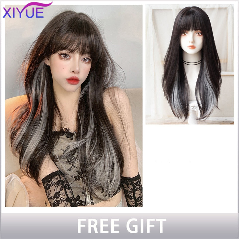 XIYUE Long Natural Wavy Platinum Blonde Wigs With Bangs Cosplay Party Lolita Synthetic Wigs for Women Heat Resistant Fiber