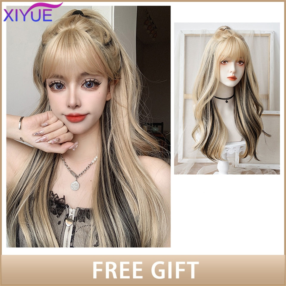 XIYUE Long Natural Wavy Platinum Blonde Wigs With Bangs Cosplay Party Lolita Synthetic Wigs for Women Heat Resistant Fiber