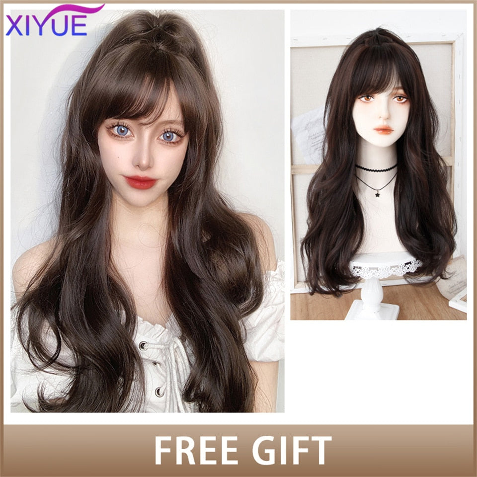 XIYUE Long Natural Wavy Platinum Blonde Wigs With Bangs Cosplay Party Lolita Synthetic Wigs for Women Heat Resistant Fiber