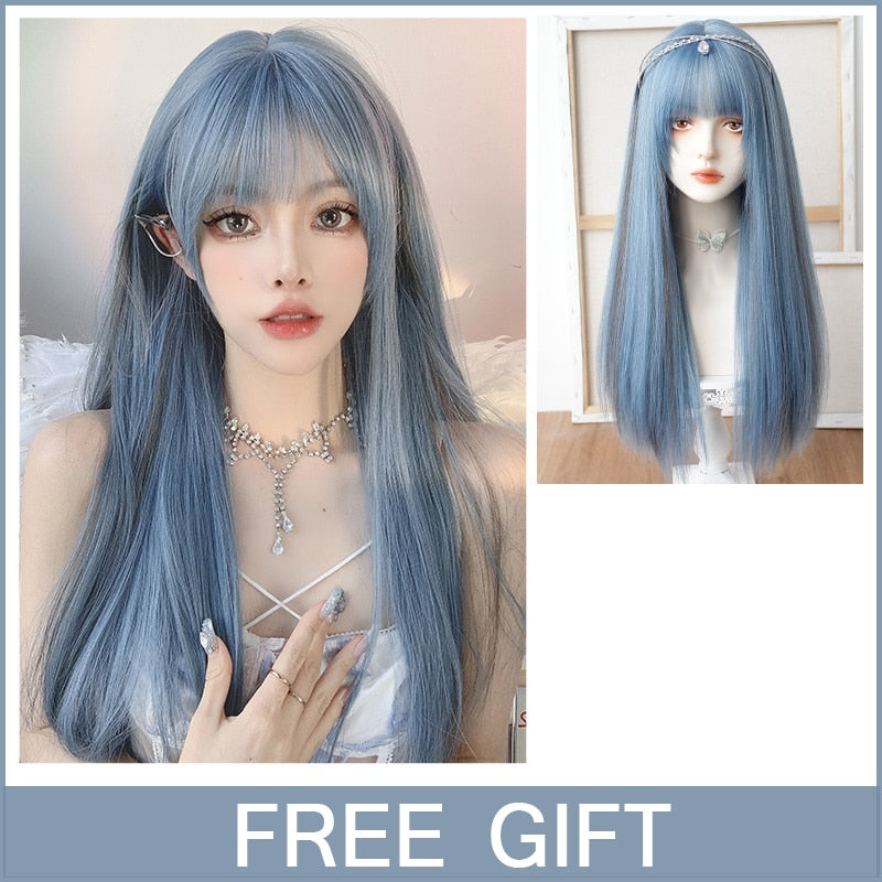 XIYUE Long Natural Wavy Platinum Blonde Wigs With Bangs Cosplay Party Lolita Synthetic Wigs for Women Heat Resistant Fiber