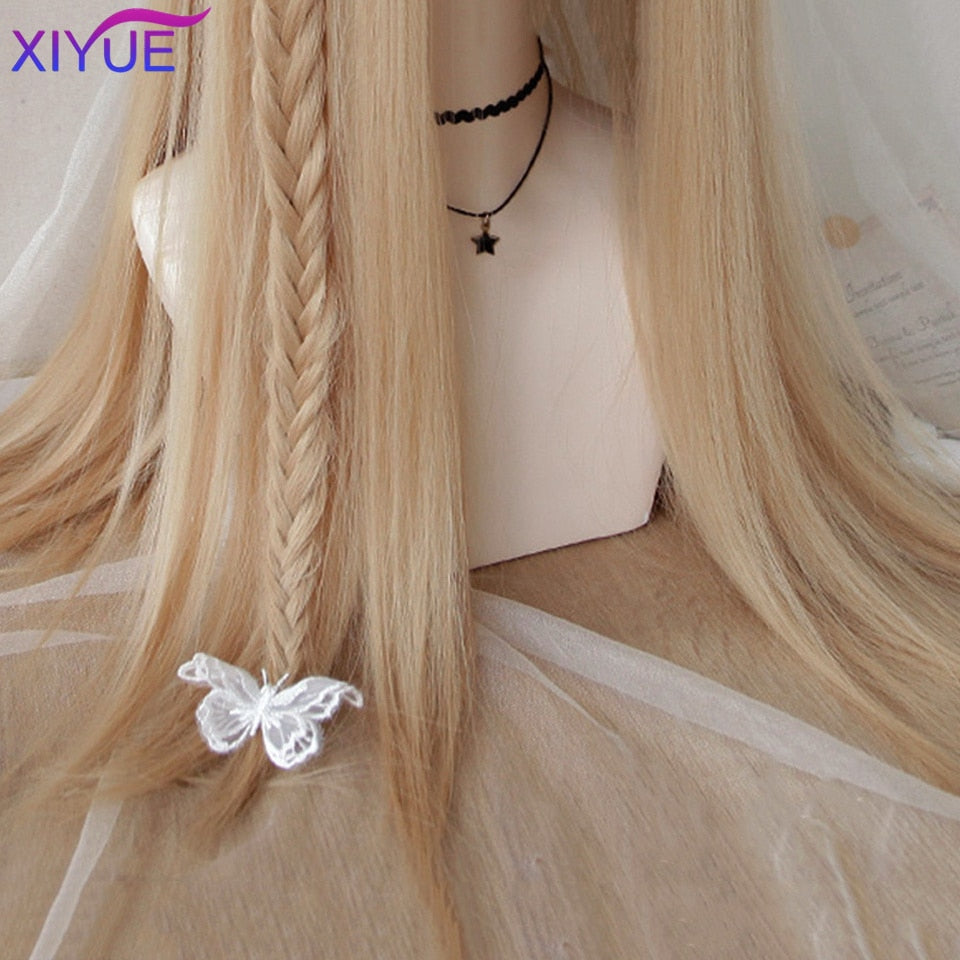 XIYUE Long Natural Wavy Platinum Blonde Wigs With Bangs Cosplay Party Lolita Synthetic Wigs for Women Heat Resistant Fiber