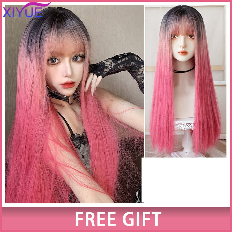 XIYUE Long Natural Wavy Platinum Blonde Wigs With Bangs Cosplay Party Lolita Synthetic Wigs for Women Heat Resistant Fiber