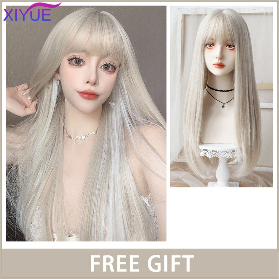 XIYUE Long Natural Wavy Platinum Blonde Wigs With Bangs Cosplay Party Lolita Synthetic Wigs for Women Heat Resistant Fiber