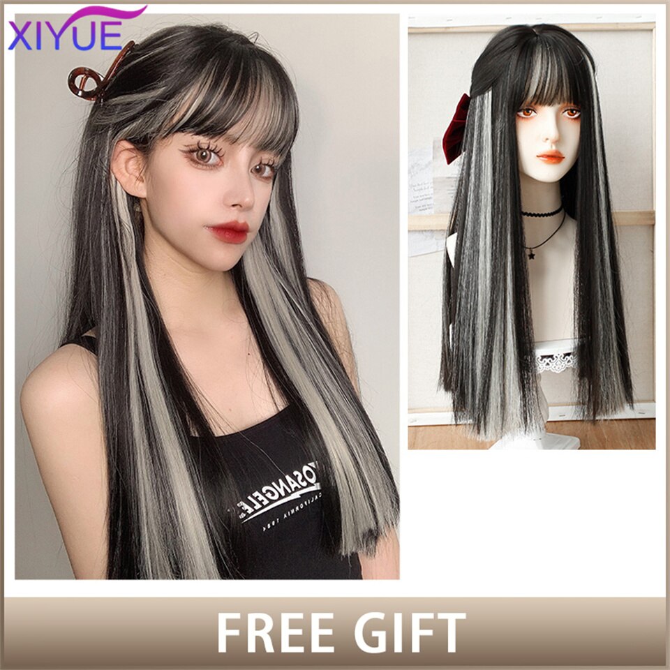 XIYUE Long Natural Wavy Platinum Blonde Wigs With Bangs Cosplay Party Lolita Synthetic Wigs for Women Heat Resistant Fiber