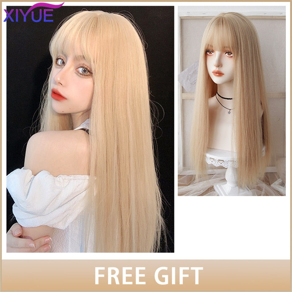 XIYUE Long Natural Wavy Platinum Blonde Wigs With Bangs Cosplay Party Lolita Synthetic Wigs for Women Heat Resistant Fiber